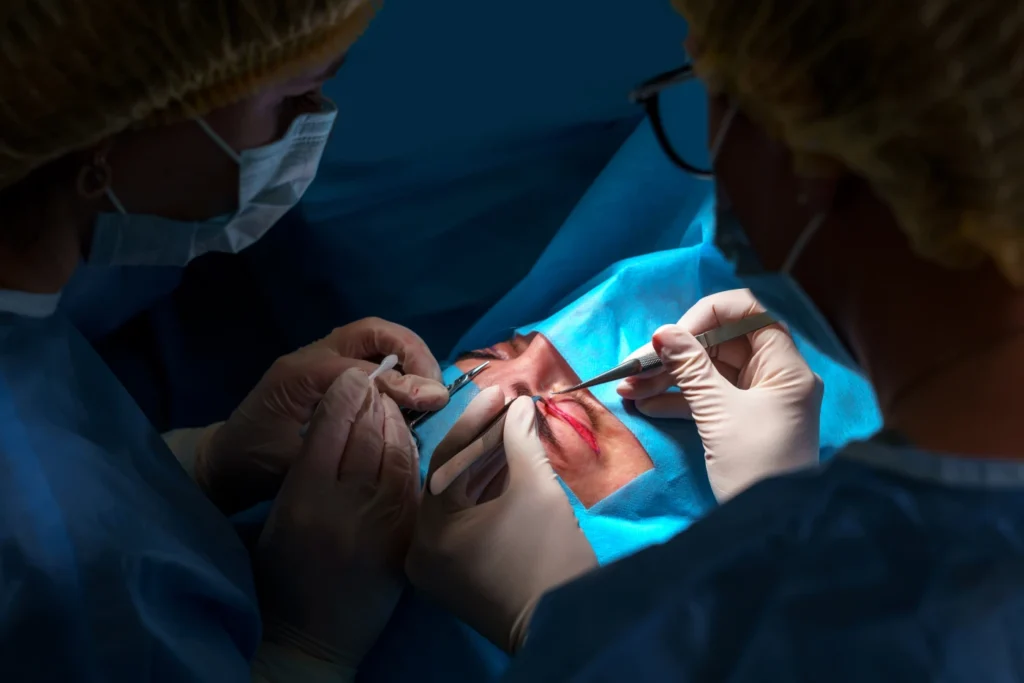 Cirujanos realizan una blefaroplastia en el párpado de una paciente