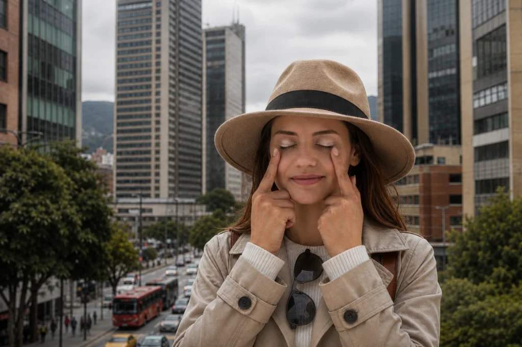 Mujer en la ciudad protege la zona periocular mientras lleva gafas de sol colgadas al cuello